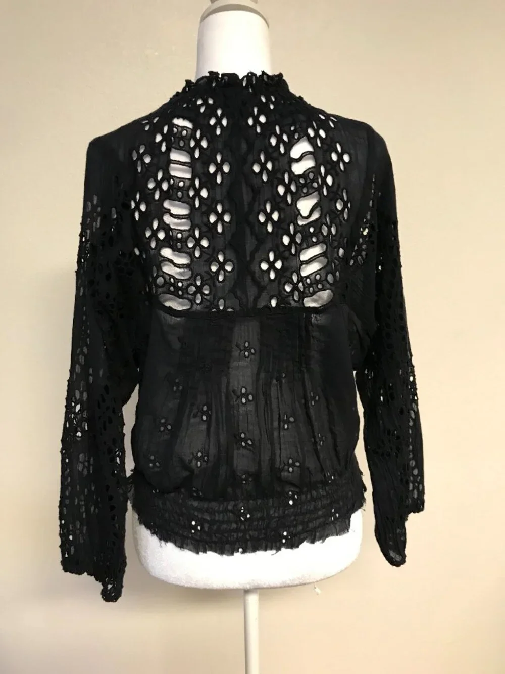 FP One Free People Black Eyelet Lace Boho Peasant Top XS Cotton Smocked Waist